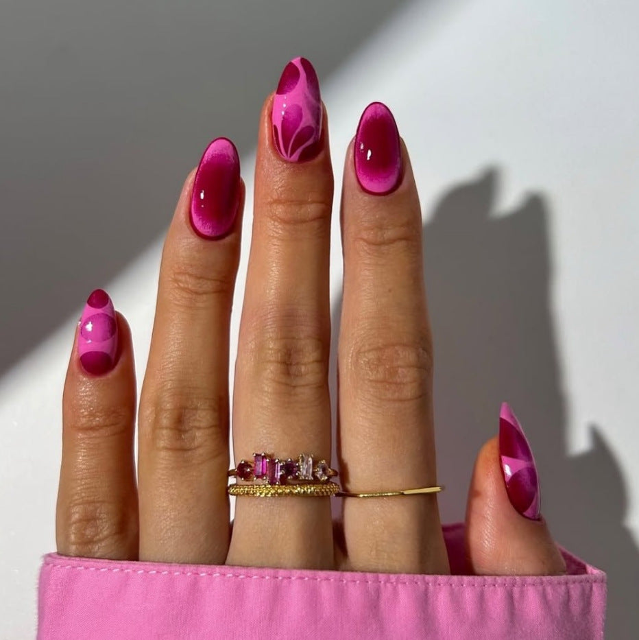 Chic Blossoming Beauty Medium Almond Shaped Bright Pink with Artistic Swirls Press on Nail Set