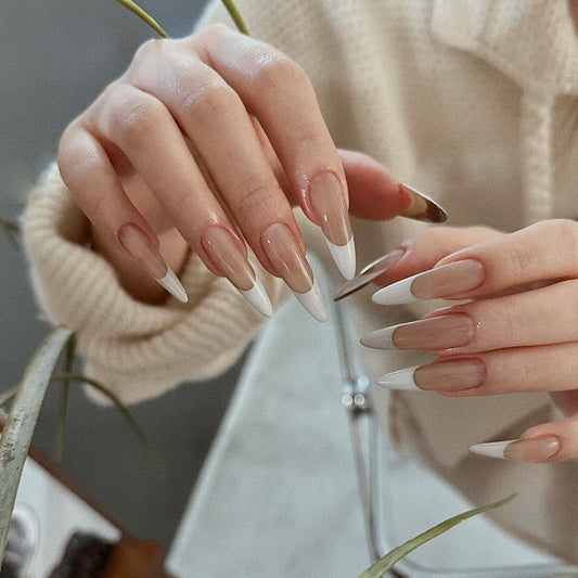 Elegant Affair Extra Long Almond Shaped French Tip Ombre Press On Nail Set with Beige to White Gradient
