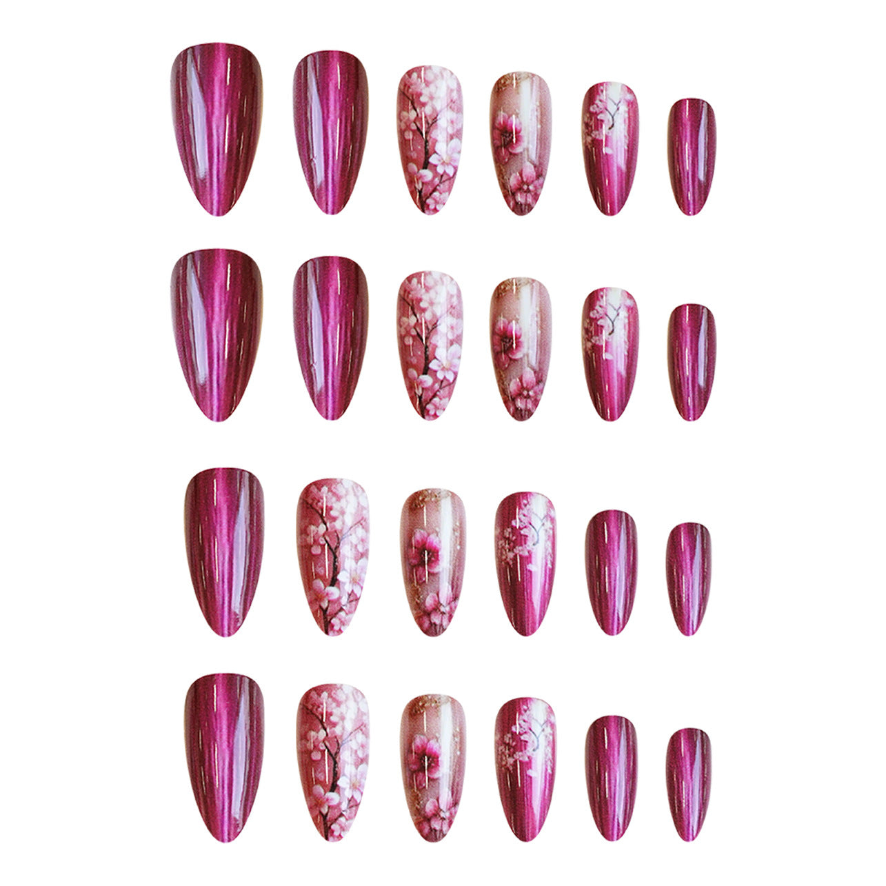 Blossom Elegance Medium Almond Shaped Deep Pink with Cherry Blossom Accent Press On Nail Set