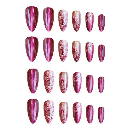 Blossom Elegance Medium Almond Shaped Deep Pink with Cherry Blossom Accent Press On Nail Set