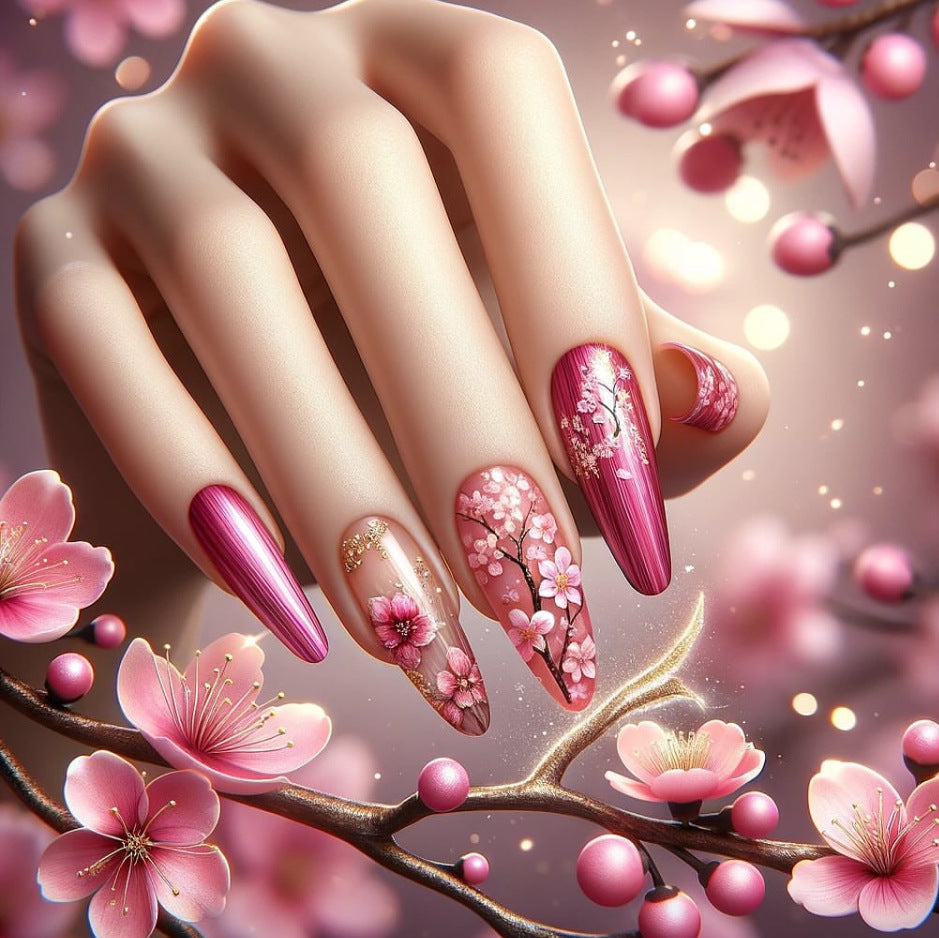 Blossom Elegance Medium Almond Pink Nail Set with Stunning Floral Artistry