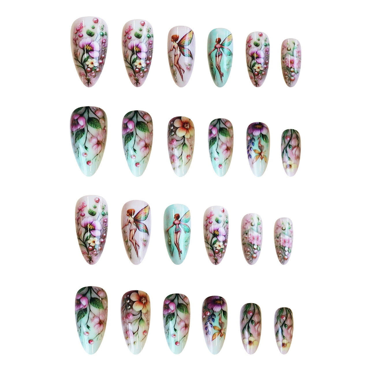 Enchanted Fairy Garden Medium Almond Mint Green Floral Design with Sparkling Accents Press on Nail Set