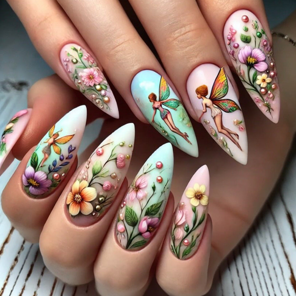 Enchanted Garden Long Almond Floral Pastel Press-On Nail Set with Whimsical Fairy Designs