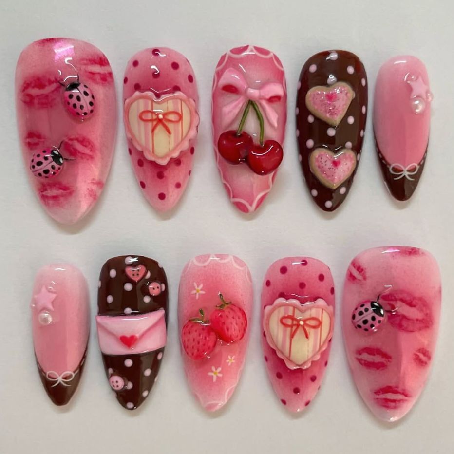Sweet Romance Press On Nail Set in Medium Almond Pink with Fun Strawberry and Ladybug Accents