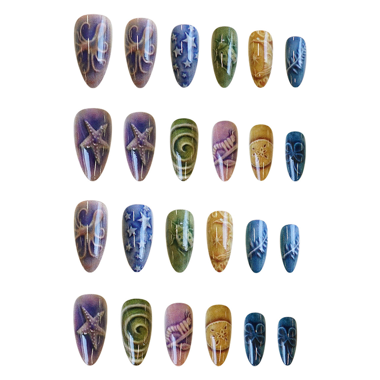 Oceanic Dream Medium Almond Multicolored Press On Nail Set with Unique Starfish and Wave Designs