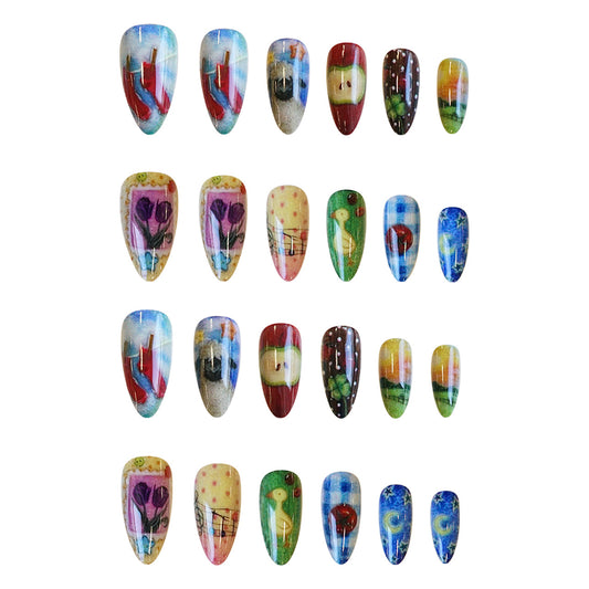 Artistic Serenity Colorful Medium Almond Press On Nail Set with Unique Vibrant Artwork