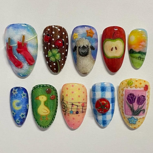 Whimsical Garden Themed Medium Almond Shape Multicolored Press On Nail Set Featuring Unique Hand-Painted Designs