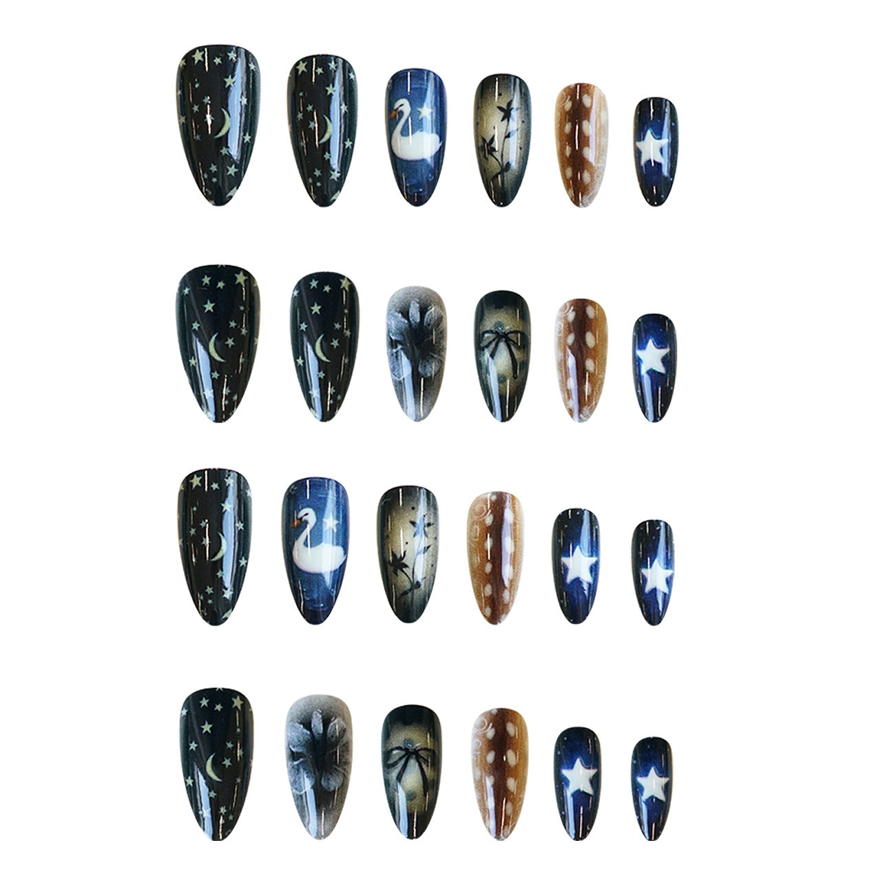 Mystical Night Beauty Medium Almond Blue with Celestial Patterns Press-On Nail Set
