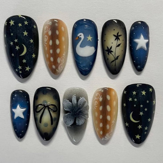 Celestial Dream Medium Almond Blue and Brown with Unique Artistry and Floral Accent Press on Nail Set