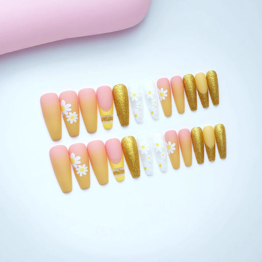 Dreamy Floral Delight Long Coffin Pink and Gold Matte Press On Nail Set with Dazzling Daisy Accents