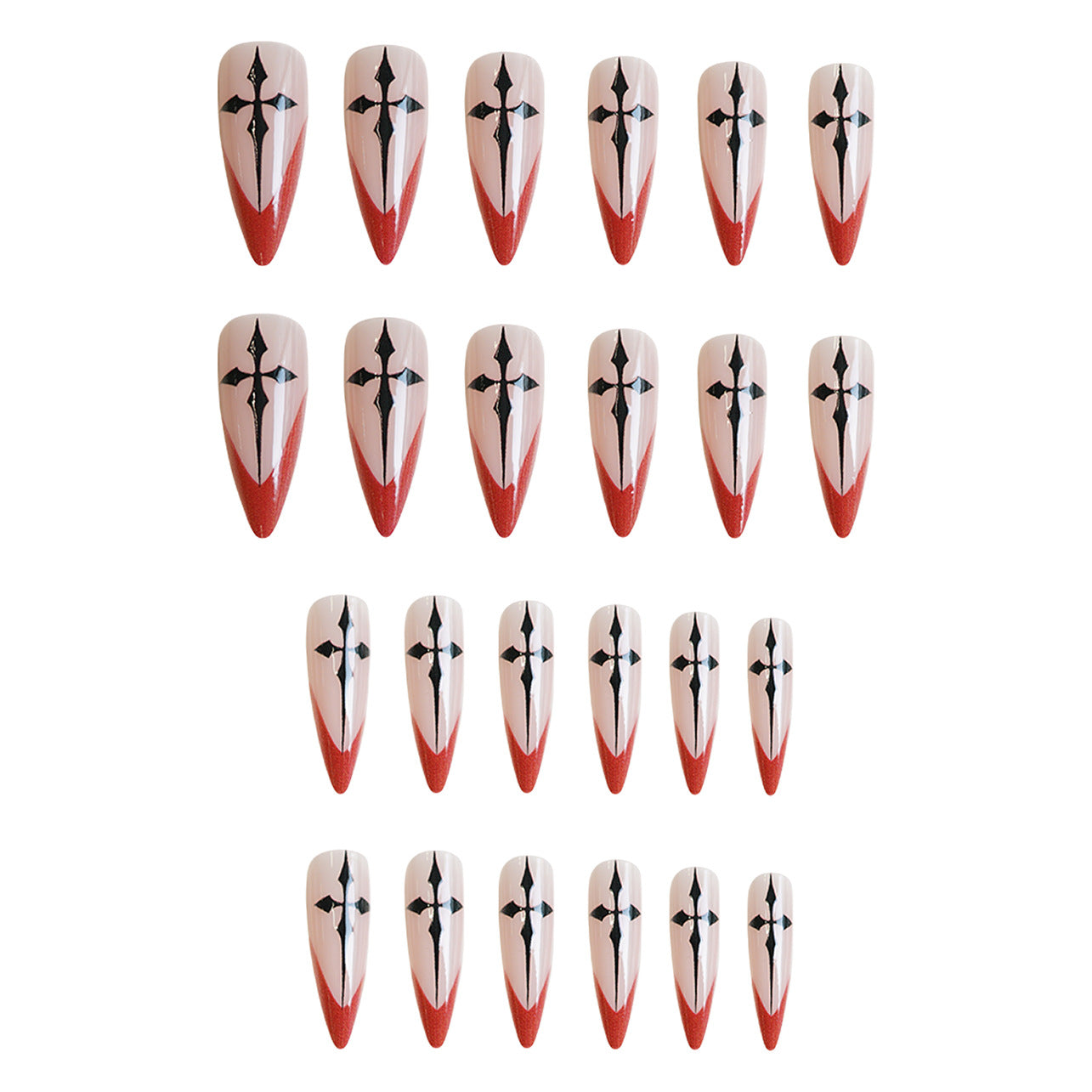 Gothic Glamour Long Stiletto Press On Nails in Pink and Red with Intricate Cross Design