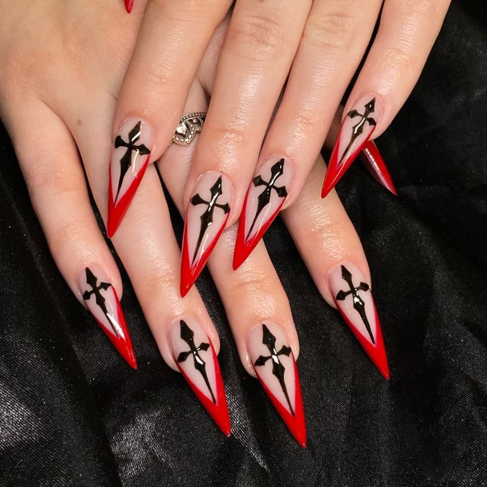 Gothic Glamour Long Stiletto Red and Black Press On Nail Set with Intricate Cross Design