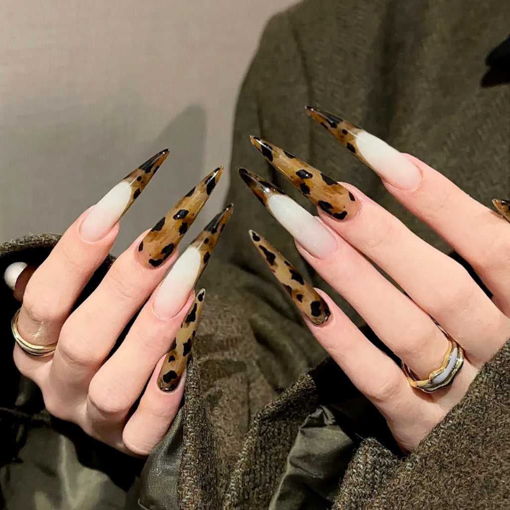 Wild Safari Inspired Long Stiletto Sharp Brown and Black Cheetah Print Press On Nail Set