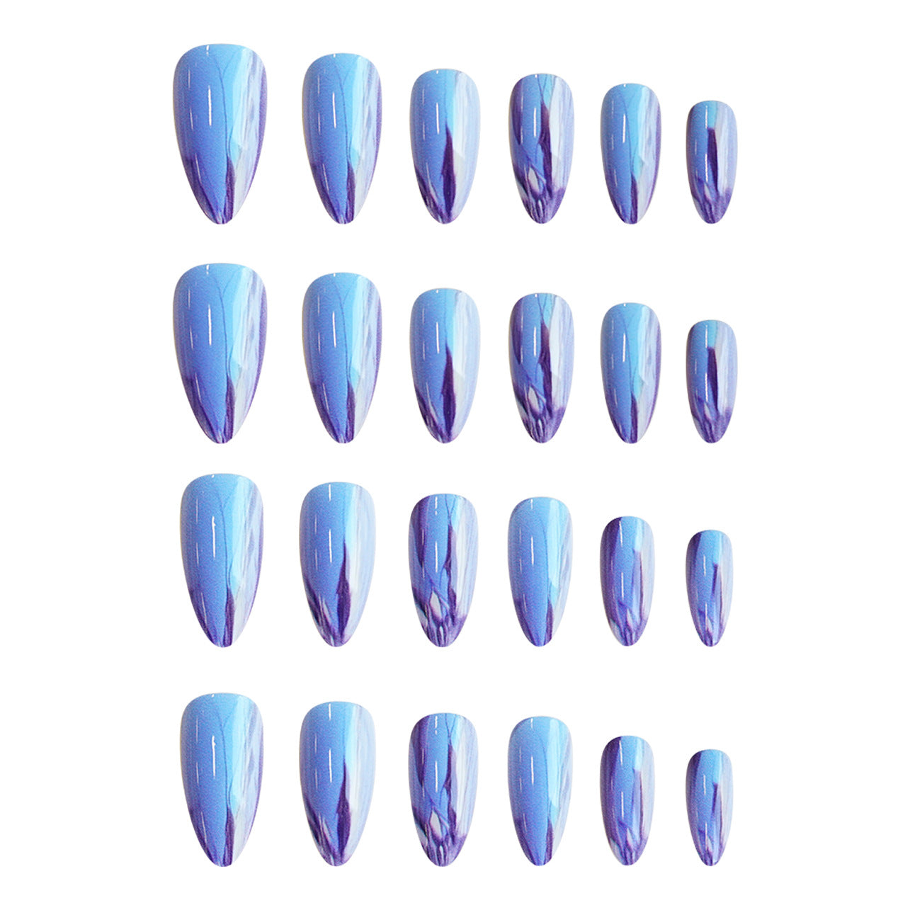 Set of blue and purple gradient nail art designs on a white background