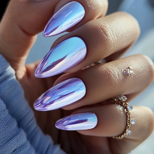 Iridescent Dream Stunning Long Almond Shaped Purple Metallic Press On Nail Set with Reflective Finish