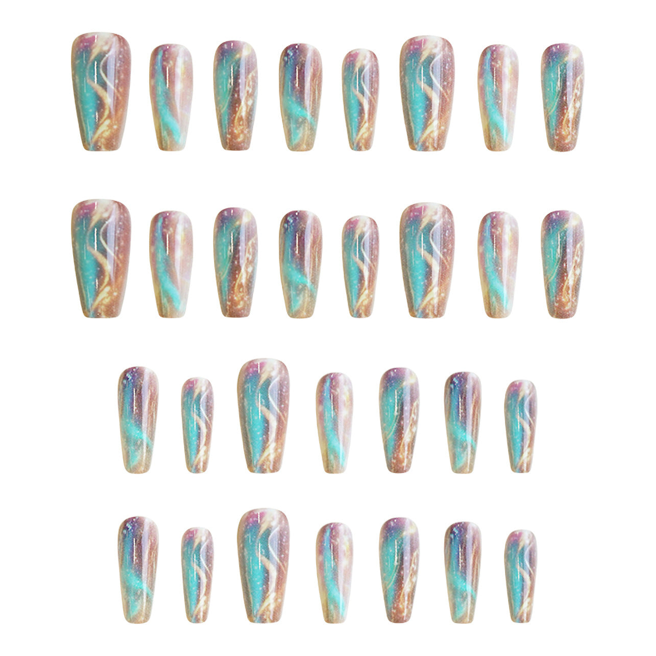 Celestial Dream Press-On Nail Set Long Coffin Iridescent Blue and Bronze with Elegant Swirl Design