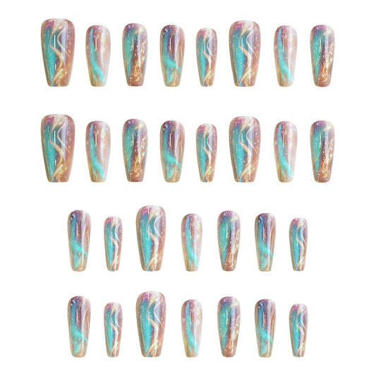 Celestial Dream Press-On Nail Set Long Coffin Iridescent Blue and Bronze with Elegant Swirl Design