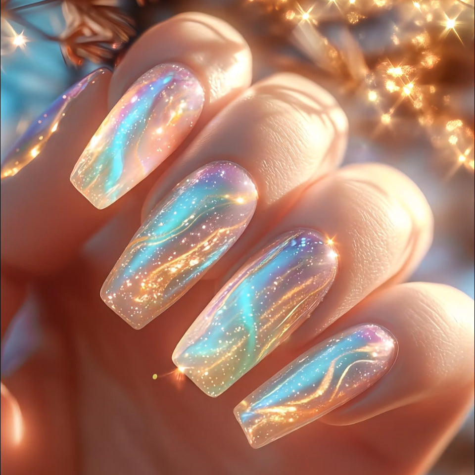 Celestial Dreams Long Coffin Translucent with Iridescent Swirls Press On Nail Set