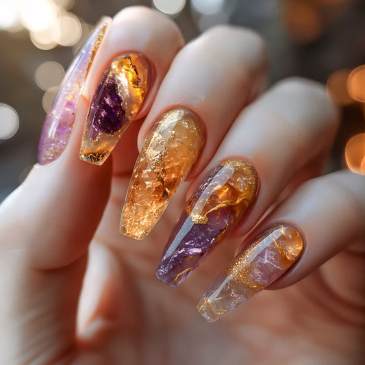Gemstone Elegance Long Coffin Press On Nail Set in Amber and Purple with Iridescent Glitter Finish