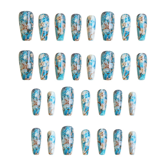 Whimsical Spring Vibes Long Coffin Blue Floral Art Press On Nail Set with Glitter Finish