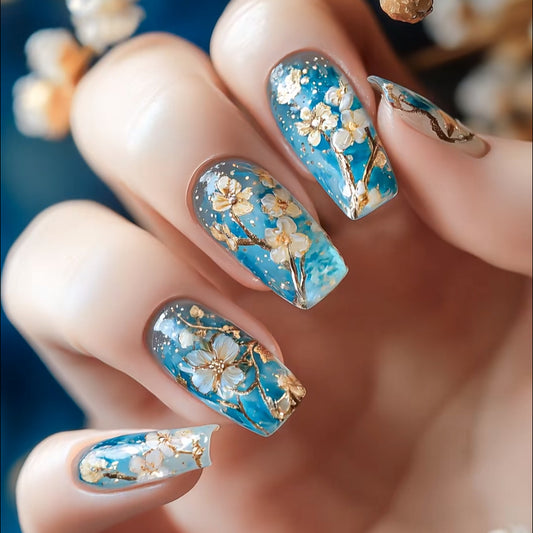 Blooming Serenity Long Coffin Sky Blue Press On Nail Set with Floral Gold Embellishments