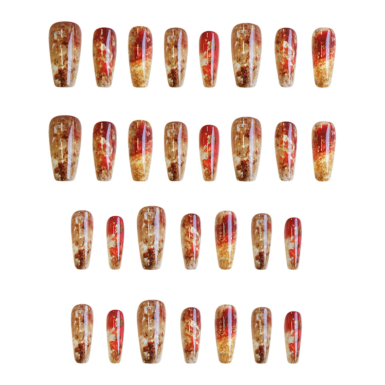 Autumn Glow Long Coffin Shaped Burgundy and Gold Glitter Press On Nail Set