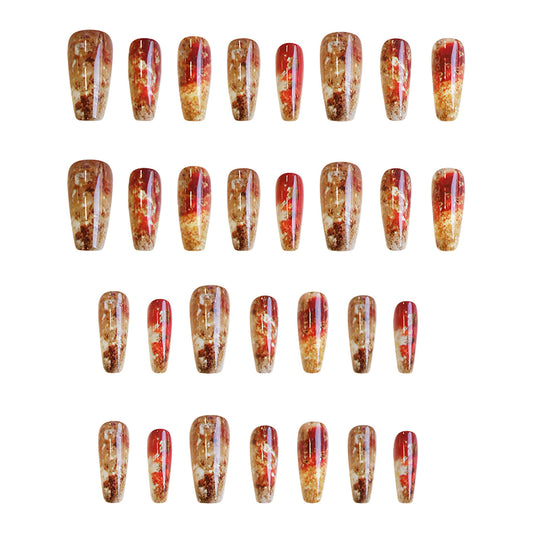 Autumn Glow Long Coffin Shaped Burgundy and Gold Glitter Press On Nail Set