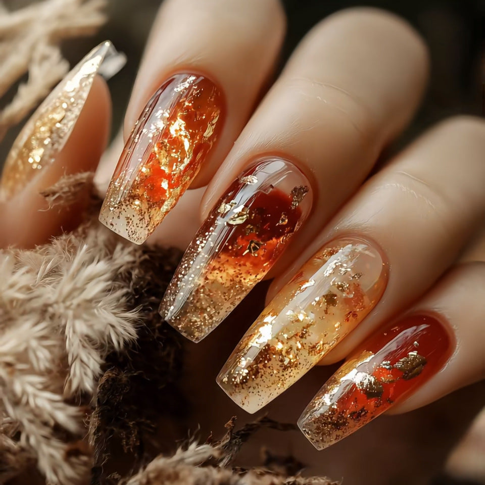 Autumn Elegance Long Coffin Amber Ombre Nails with Glittering Gold Flakes