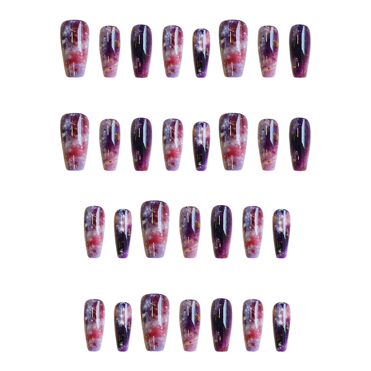 Celestial Dreamscape Long Coffin Gradient Purple and Red Press On Nail Set with Glitter Stars