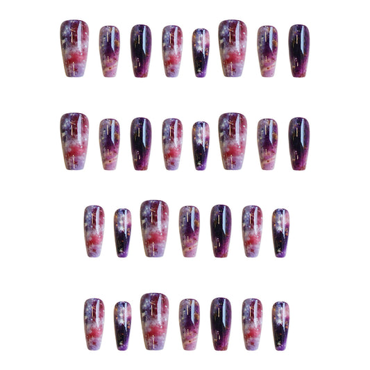 Celestial Dreamscape Long Coffin Gradient Purple and Red Press On Nail Set with Glitter Stars