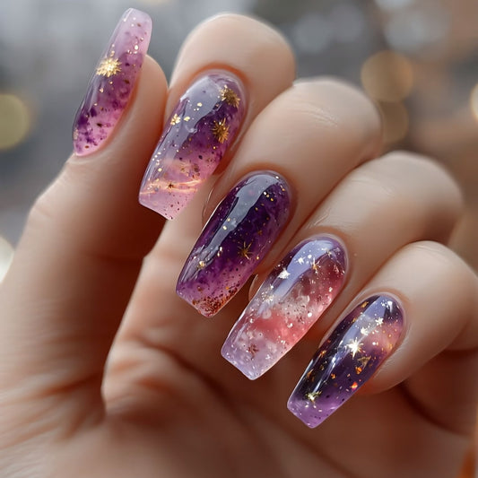 Celestial Dreamscape Long Coffin Gradient Purple to Pink Glitter Press On Nail Set