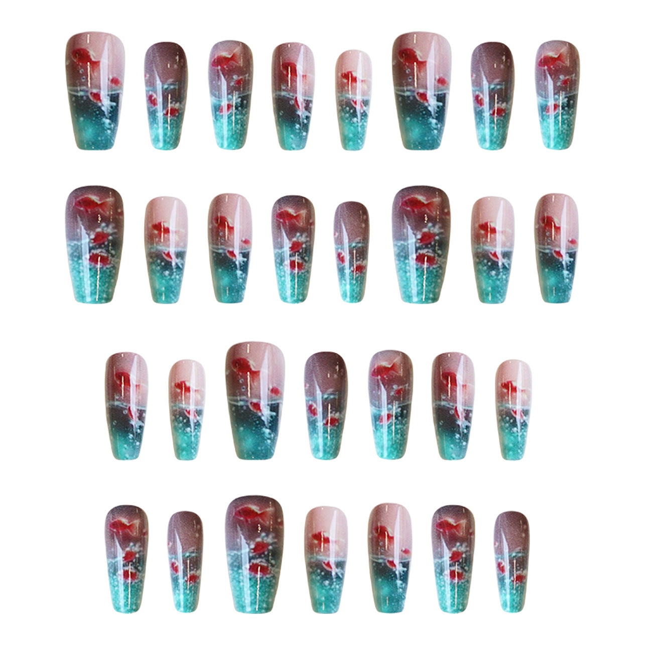 Set of nail extensions with a gradient design on a white background