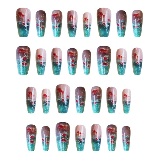 Set of nail extensions with a gradient design on a white background