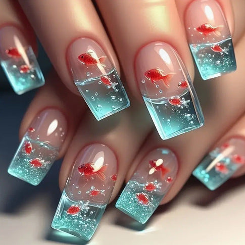 Aquatic Dream Glossy Long Square Press On Nail Set in Transparent Blue with Captivating Red Goldfish Design