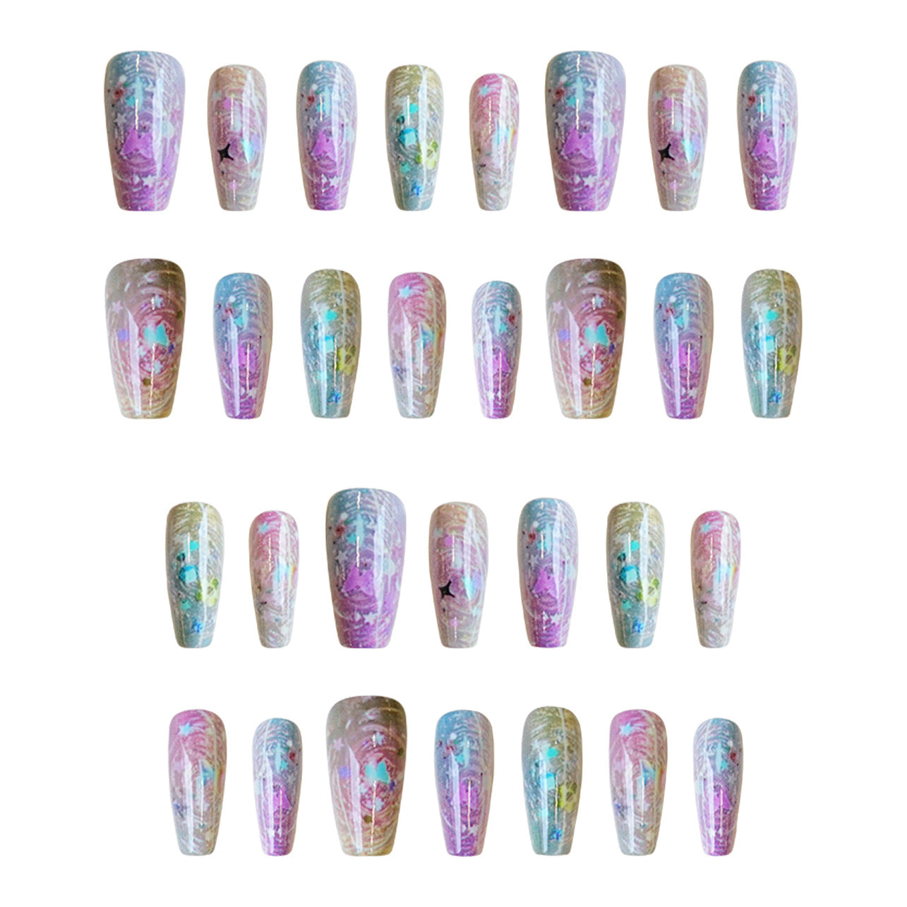 Enchanting Floral Fantasy Long Coffin Colorful Iridescent Nails with Glitter Accents