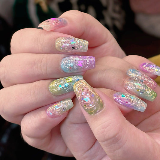 Celestial Dream Press-On Nail Set Long Coffin Shape Iridescent Color Glittery Star Accents