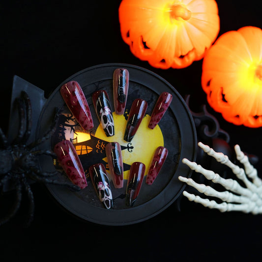 Haunting Elegance Long Coffin Dark Red with Spooky Skull Design Press-On Nail Set