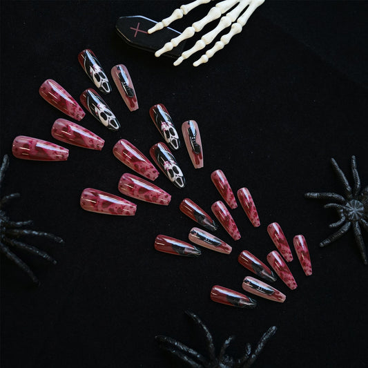 Spooky Glam Long Coffin Burgundy with Skull and Crossbones Design Press On Nail Set
