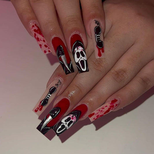 Spooky Glamour Long Coffin Red and Clear Press On Nail Set with Gothic Design Elements