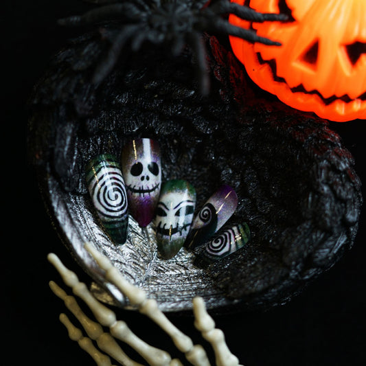 Haunting Elegance Long Almond Green and Purple Spiral Effect Press on Nail Set