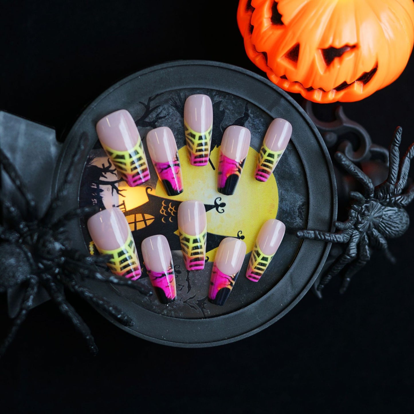 Spooky Vibes Long Coffin Pink Orange and Black Gradient with Intricate Spider Web Design Press On Nail Set