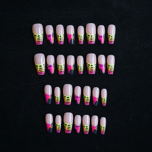 Electric Dreams Long Coffin Neon Gradient Press On Nail Set with Unique Geometric Design