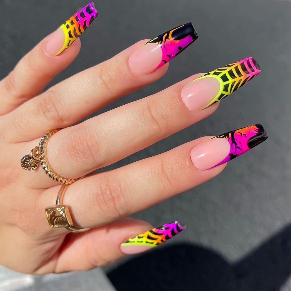 Spooky Spiderweb Long Coffin Press-On Nail Set Neon Gradient with Eye-Catching Design