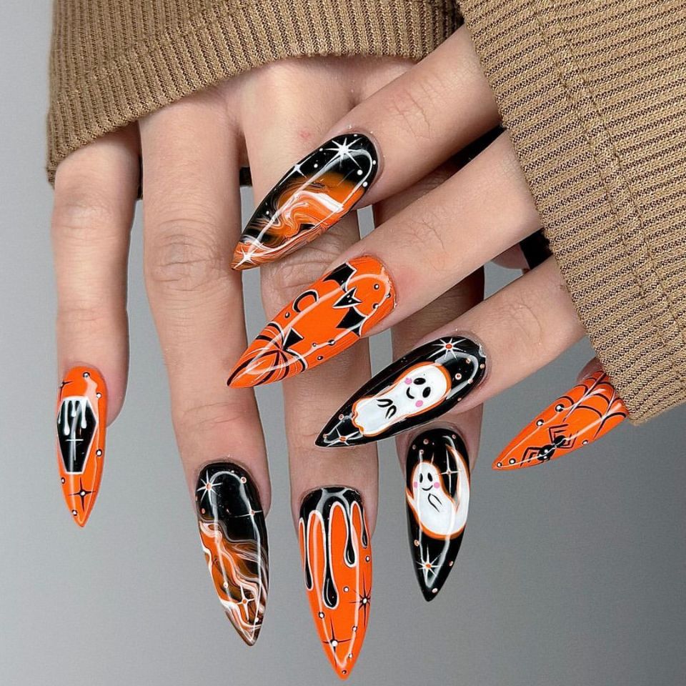 Spooky Elegance Long Almond Orange Nightmare Nail Set with Ghost and Dripping Design