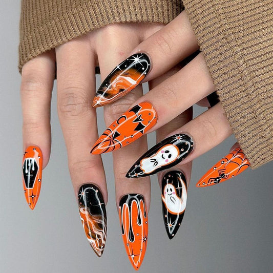 Spooky Elegance Long Almond Orange Nightmare Nail Set with Ghost and Dripping Design