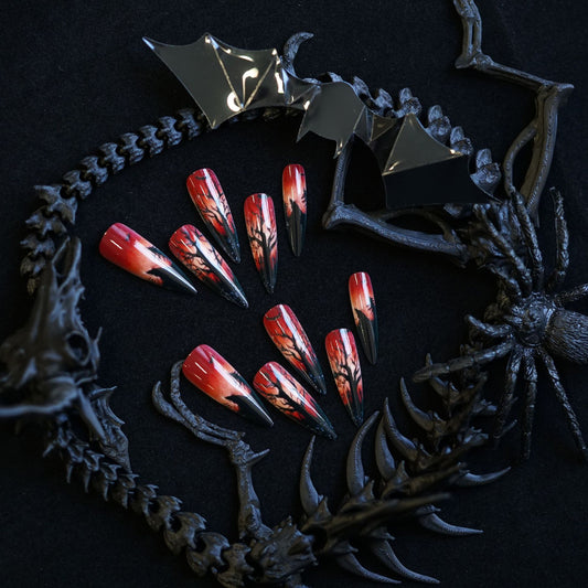 Mystical Night Press on Nails Long Almond Red and Black with Enchanting Tree Design
