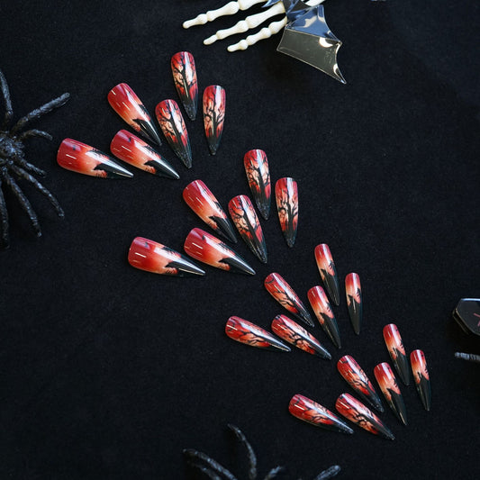 Halloween Gothic Almond Press On Nail Set Long Red Ombre with Black Tips and Spooky Tree Design