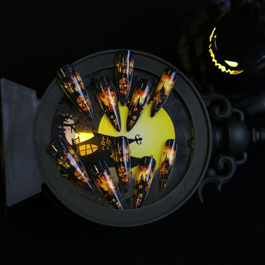 Mystical Halloween Long Stiletto Black with Fiery Haunted House Design Press On Nail Set