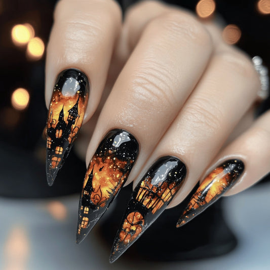 Mystical Halloween Inspired Long Stiletto Black and Orange Press on Nail Set with Enchanting Glow Effect