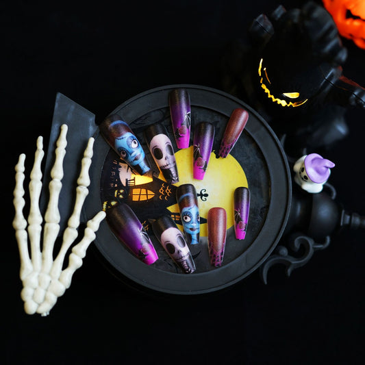 Spooky Long Coffin Gradient Nails with Haunted Characters Design